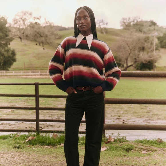 THE GREAT. Striped Crew Neck Sweater in Navy Red Green Cream - Picture 4 of 10